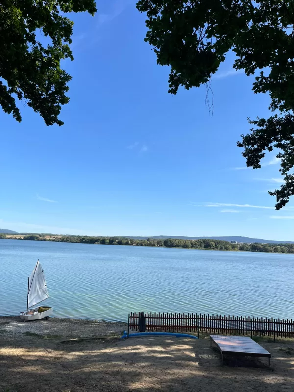  Sun loungers by the water with access for dogs and a view of the dam