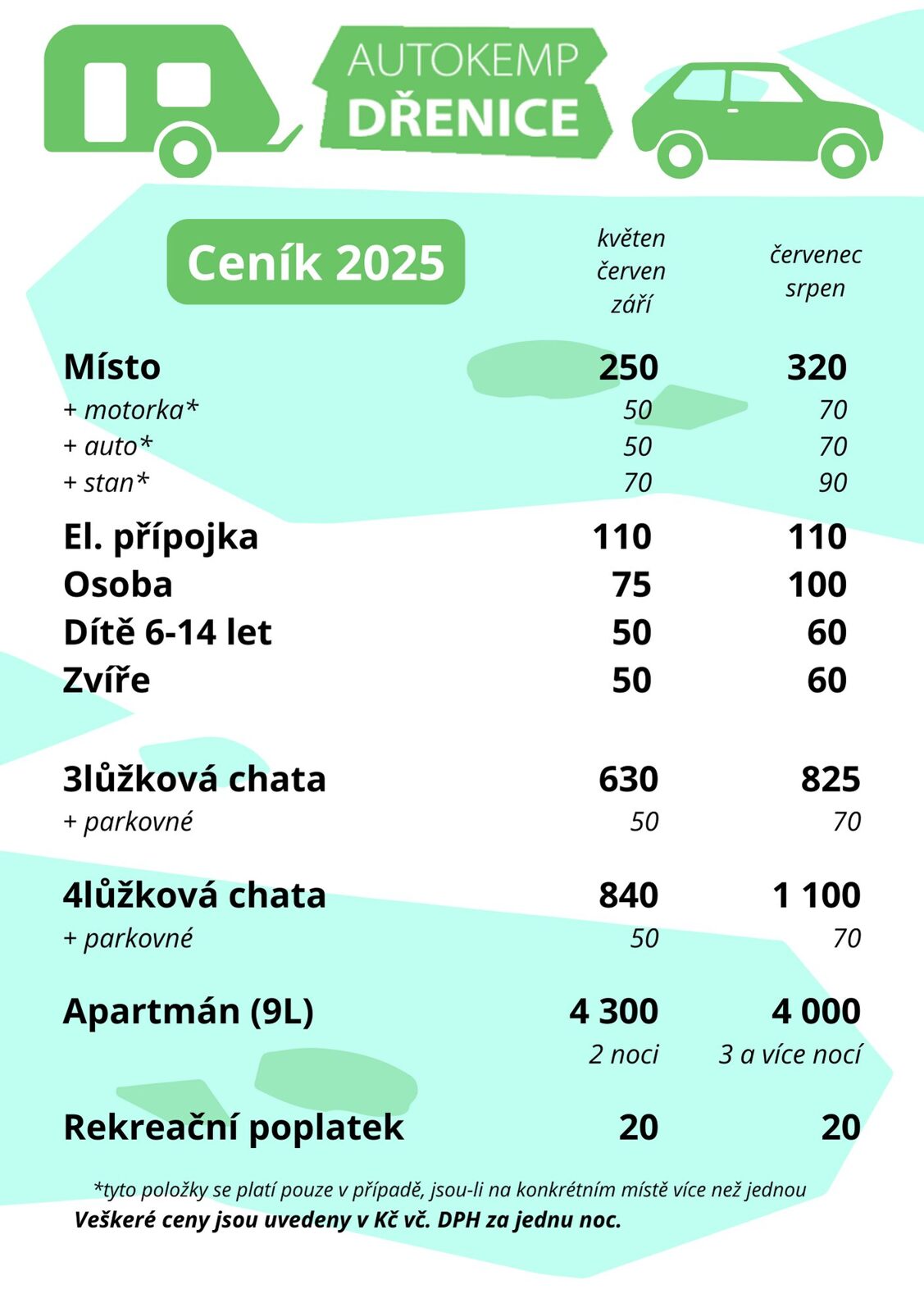 Ceník 2025 Autokempu Dřenice