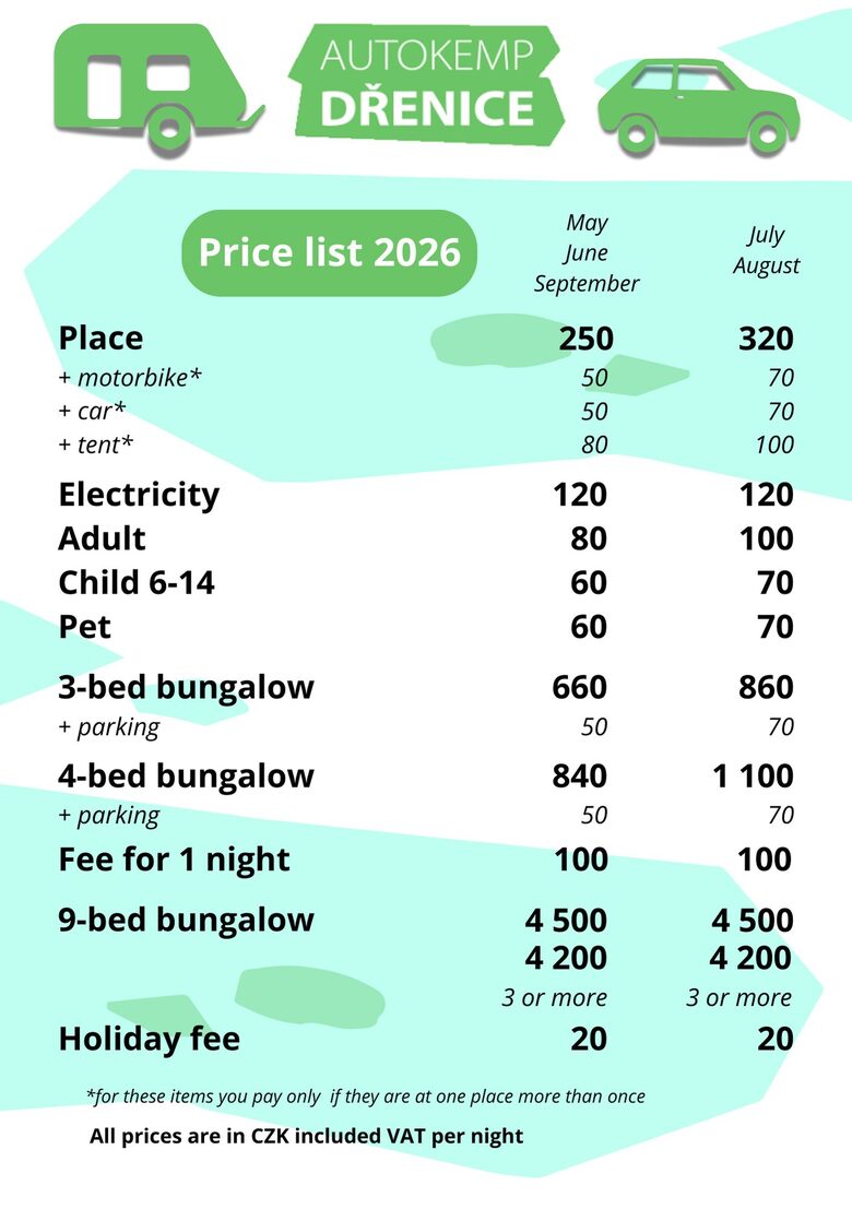 Accommodation price list of Autokemp Dřenice for the 2026 season – prices for cabins, apartment and camping spots