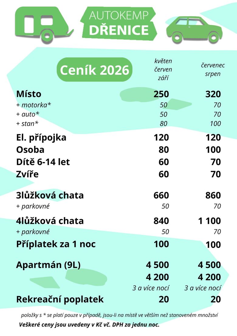 Ceník ubytování Autokempu Dřenice pro sezónu 2026 – ceny za chatky, apartmán a místa na kempování.