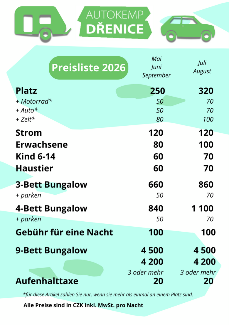 Unterkunftspreisliste des Autokemp Dřenice für die Saison 2026 – Preise für Hütten, Apartment und Campingstellplätze
