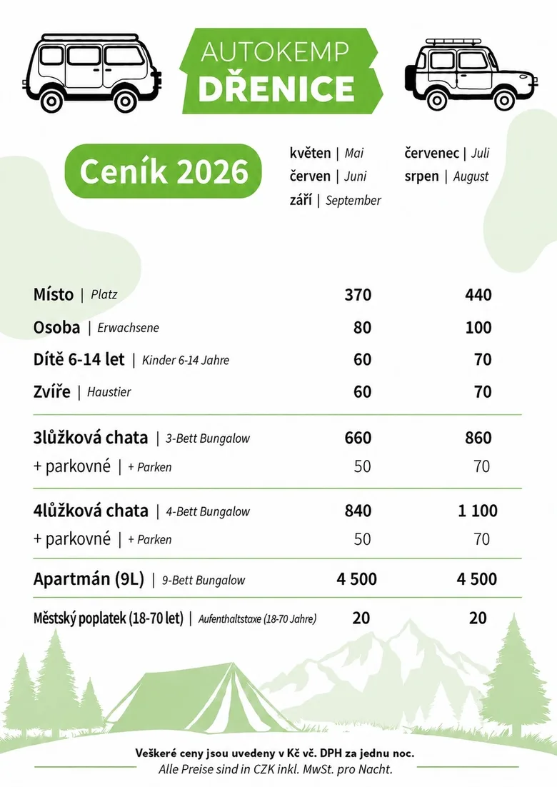 Unterkunftspreisliste des Autokemp Dřenice für die Saison 2026 – Preise für Hütten, Apartment und Campingstellplätze